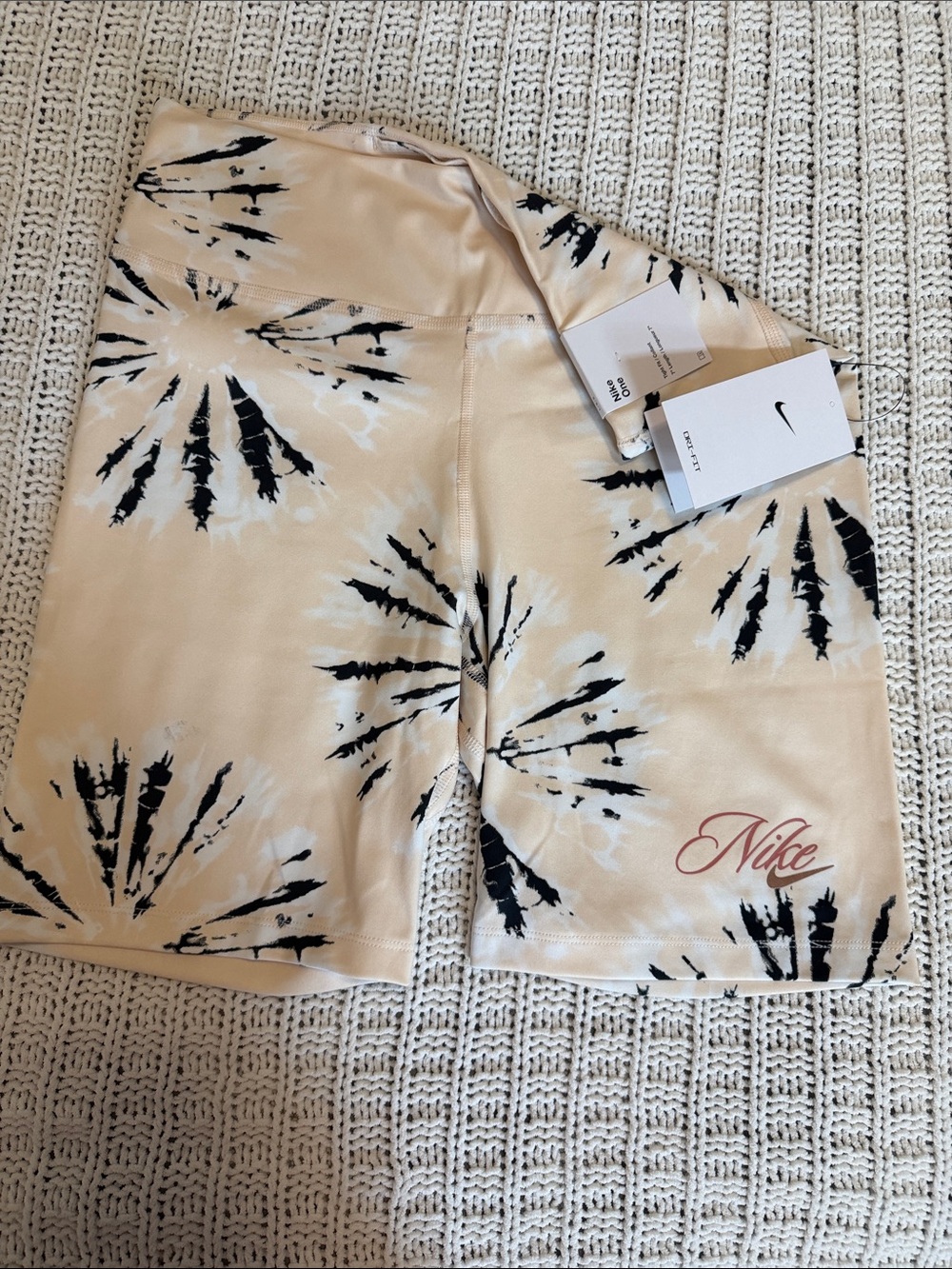 Nike Beige Tie-Dye Bike Shorts with Black & White Burst Print